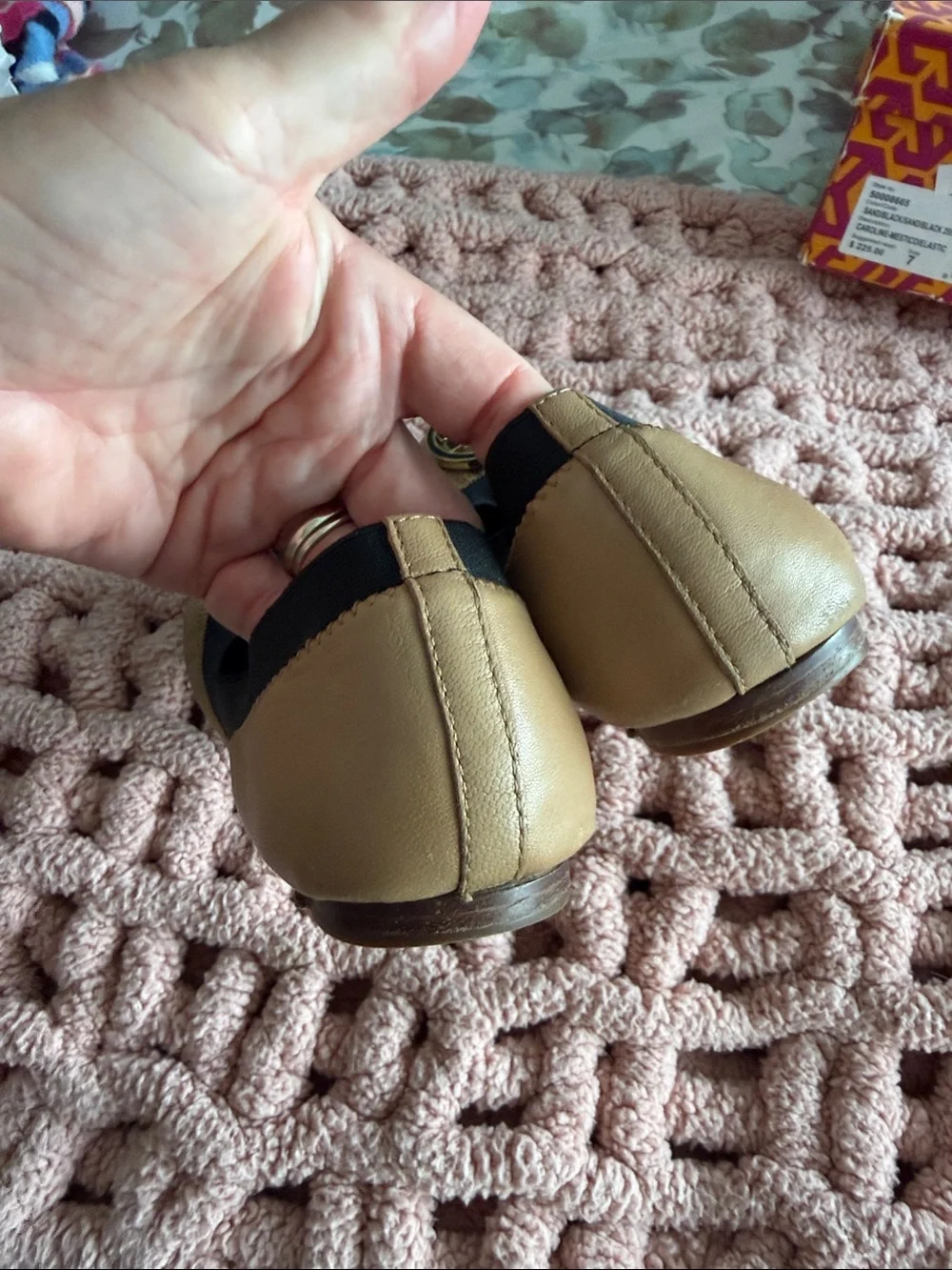 Tory Burch Gold Leather Logo Ballet Flats with Black Trim